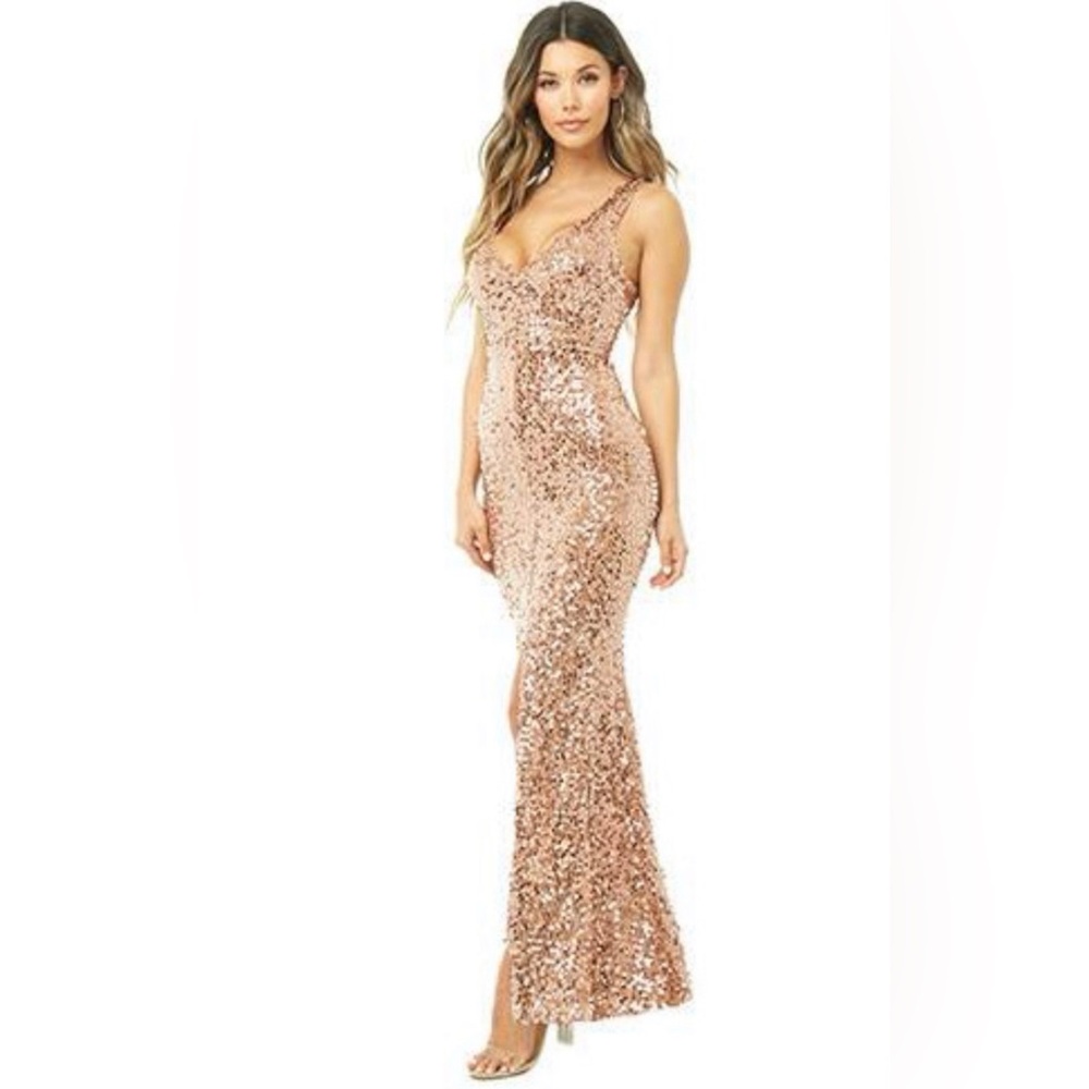 Forever 21 rose gold sequin maxi dress evening gown marilyn monroe vneck copper